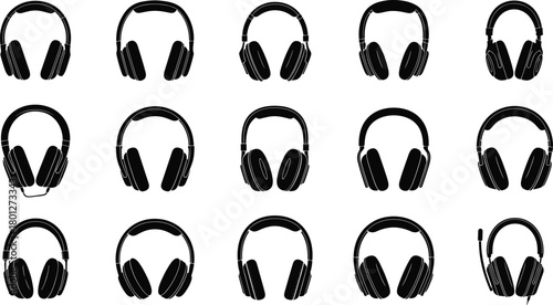Headphone icon set, audio gear vector, over-ear headset collection, music accessory, sound equipment, tech illustration, black, blue