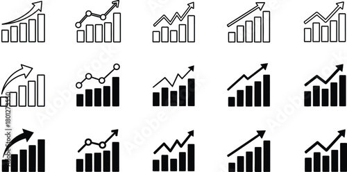 Collection of hand drawn bar graphs illustrating upward trends and growth in business and finance