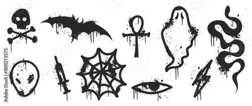 Spooky Halloween graphic elements, a collection of unique themed designs. The scene features multiple iconic silhouettes with splatter ink effect.