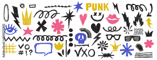 A collection of various quirky and vibrant punk style symbols and elements, perfect for design and decoration. The image is filled with an array of unique doodles and drawings