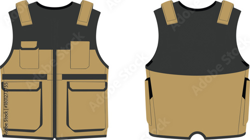 Utility vest technical flat sketch, outdoor workwear cad drawing, front and back view vector, tactical fashion apparel design illustration