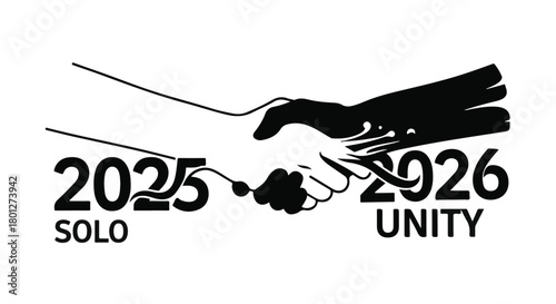 Symbolic handshake unites 2025 solo with 2026 unity, representing progress and collaboration.