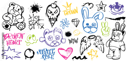 Collection of graffiti art, featuring a variety of sketches, illustrations, and doodles