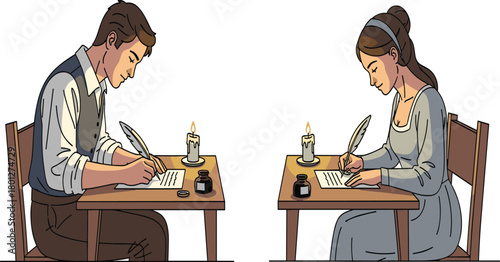 Vintage couple writing letters, historical scene, candlelight communication, love letters, 18th century style, romantic expression, ink and quill pens