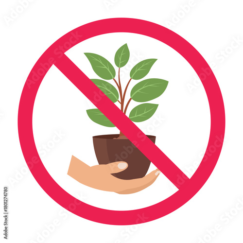 No houseplant prohibited sign, forbidden sign with potted plant icon, no plants sign, do not grow plant, red crossed circle symbol, vector illustration