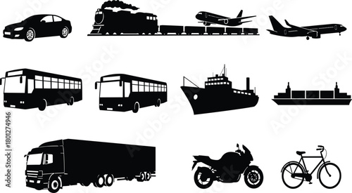 Various modes of transportation including car, train, airplane, bus, ship, truck, motorcycle, and bicycle in black silhouettes for travel