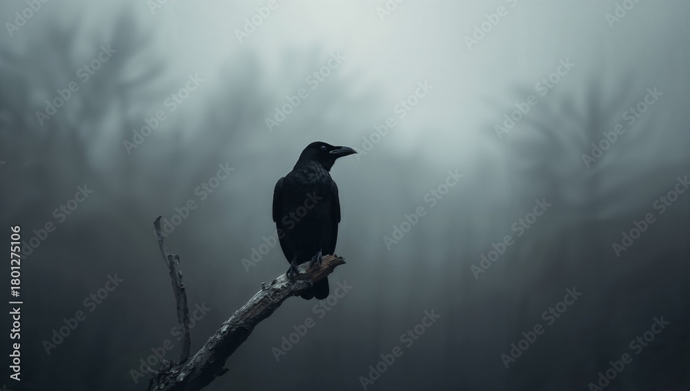 Fototapeta premium Dark Raven Perched on Branch in Mysterious Foggy Environment