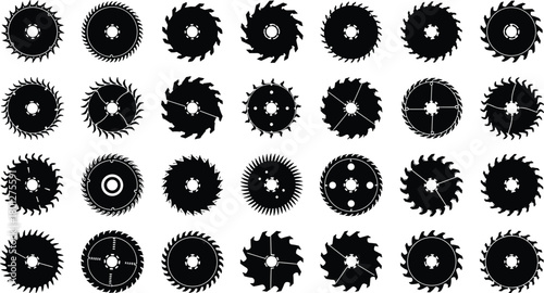 Industrial, circular, saw, blade, icon, set, vector, teeth, gear, sharp, cutting, tool, metal, mechanical, design, engineering, equipment, illustration