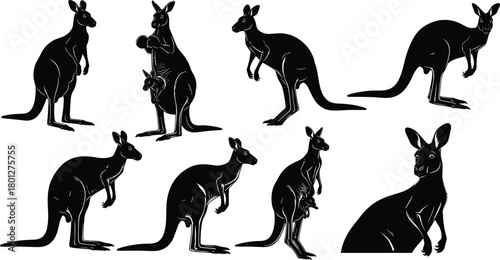 Kangaroo silhouette illustration, joey in pouch, Australian wildlife, marsupial animal, blue outline, vector pose collection