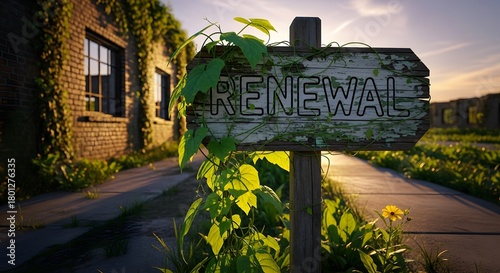 A rustic wooden sign with the word 'RENEWAL' surrounded by green leaves and plants, set against a warm sunset background near a building with ivy-covered walls