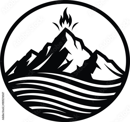 Volcano mountain line art, erupting peak vector, circular landscape logo, nature graphic illustration, lava explosion design, outdoor adventure icon