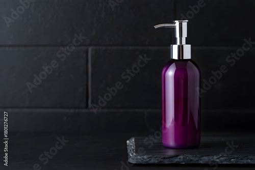 Elegant purple dispenser bottle on dark textured surface