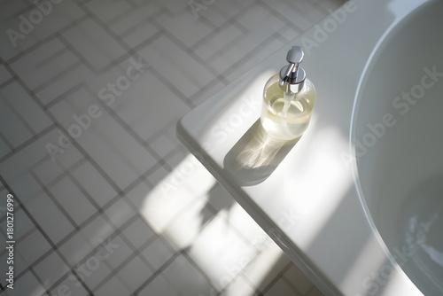 Sunlight illuminates a bottle and its shadow on a tiled surface