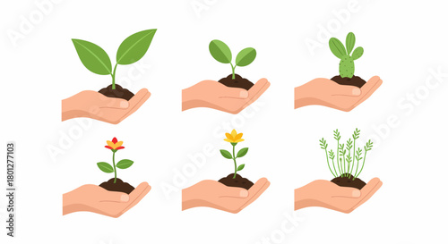 A collection of six illustrations showing hands holding soil with plants in various stages of growth.