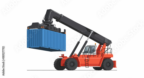 Illustration of a reach stacker lifting a blue shipping container.