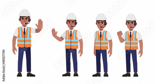 Four illustrations of a construction worker wearing a white helmet and safety vest in different poses.