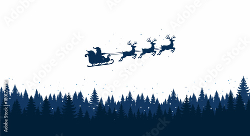 Santa Claus and his reindeer flying over a dark blue winter forest with falling snow, a festive holiday scene.