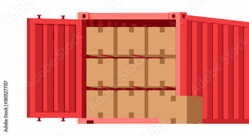 An open red shipping container reveals neatly stacked cardboard boxes on shelves, ready for transport.