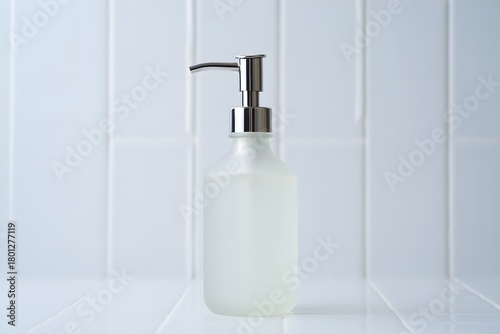 Frosted glass soap dispenser with silver pump on white background