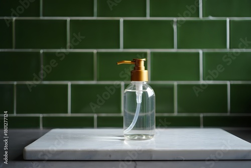 Clear liquid soap dispenser with gold pump against green tiled wall