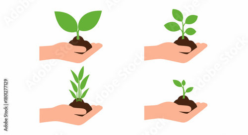 Four hands holding small plants with green leaves and soil, representing growth and nature.