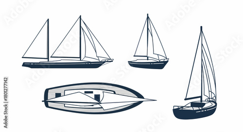 A collection of illustrations showcasing different views of sailboats, including side profiles and a top-down perspective.