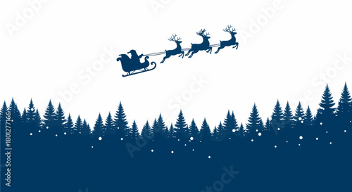 Santa Claus on sleigh with reindeer flying over forest.