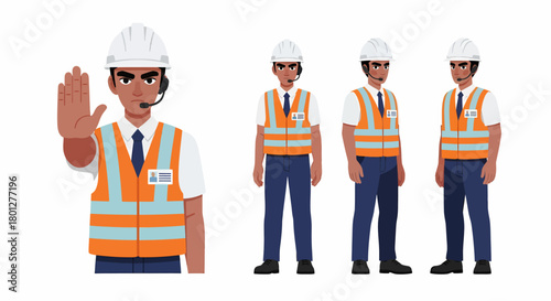 A male industrial worker character set in a hard hat and safety vest, shown in various poses including a stop gesture.