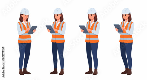 Construction worker in safety gear using a tablet.