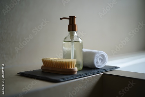 Spa bathroom essentials soap lotion dispenser and rolled towel