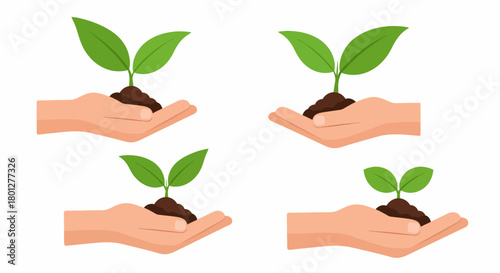 Four illustrations of hands holding small plants with green leaves and soil, representing growth.