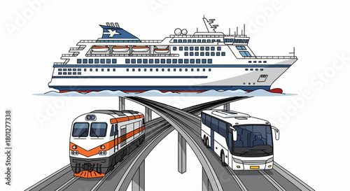 An illustration of a cruise ship, train, and bus on intersecting elevated roads, symbolizing various transportation options.