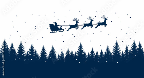 Santa Claus flying in his sleigh with reindeer over a snowy pine forest at night.