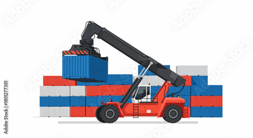 A red reach stacker lifting a blue shipping container over a stack of red and blue containers.