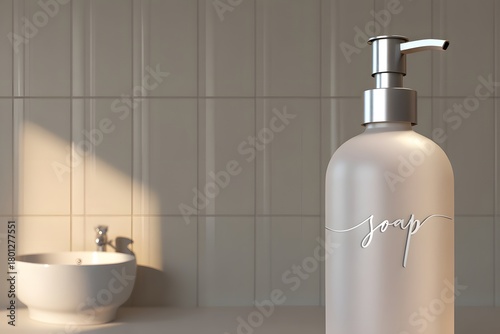 Modern bathroom dispenser and soap dish with soft lighting