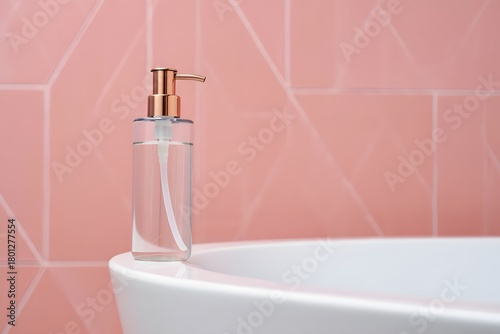 Clear soap dispenser with gold pump on edge of white sink against pink geometric tiles