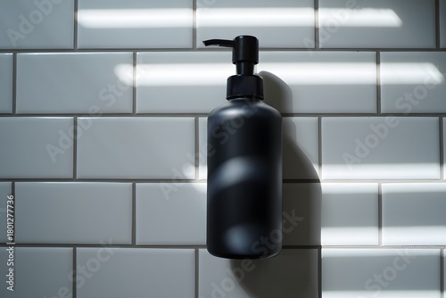Sleek black soap dispenser mounted on a tiled wall with light patterns