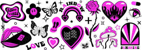 A collection of various pink and black graphic elements, including hearts, a rainbow, a butterfly, lips and words that read love and good vibes.