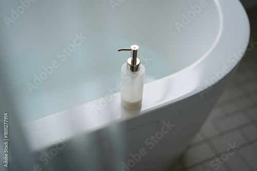 Modern white soap dispenser on the edge of a bathtub