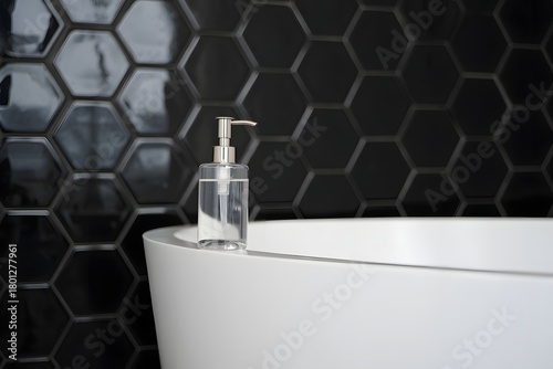 Modern bathroom with hexagonal black tile and soap dispenser