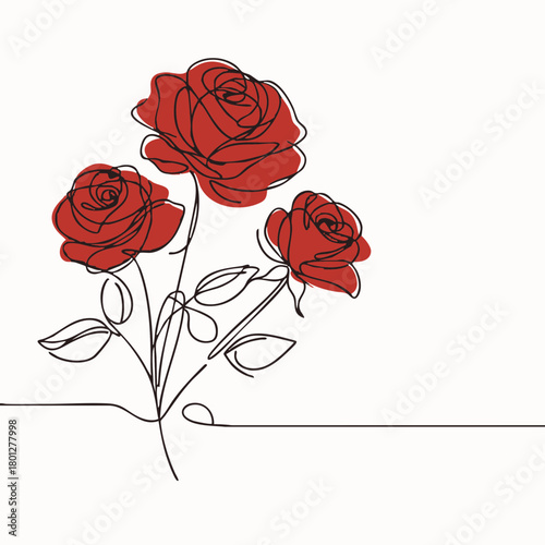 Single line drawing in modern minimalist style of red roses bouquet on white background with copy space