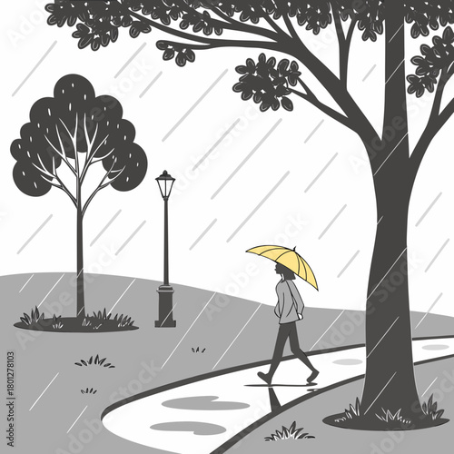 A lone person walks with a yellow umbrella on a rainy day in a park with trees and a lamppost