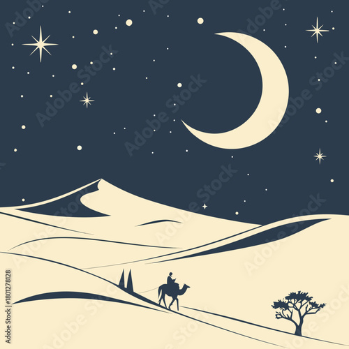 A lone traveler rides a camel across vast desert dunes under a starry night sky with a crescent moon