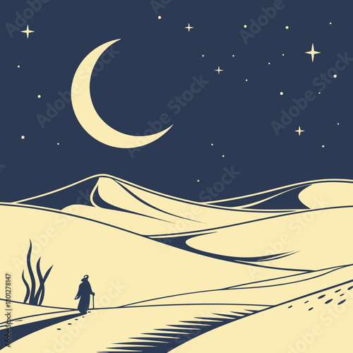 A lone traveler walks through rolling sand dunes under a crescent moon and starry night sky in a stylized desert landscape