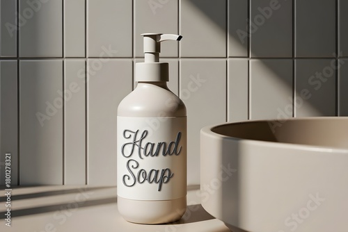 Minimalist white hand soap dispenser by a sink