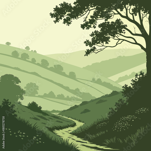 Serene green rolling hills landscape with a winding stream and silhouetted trees under a pale sky