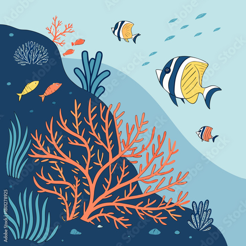 Whimsical underwater scene with colorful fish swimming among vibrant corals and aquatic plants in a stylized ocean environment