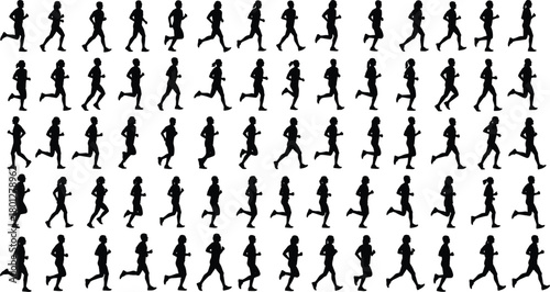 Running silhouette grid, human motion cycle, biomechanics study, animation frames, stride analysis, athlete movement, kinetic posture, sports science