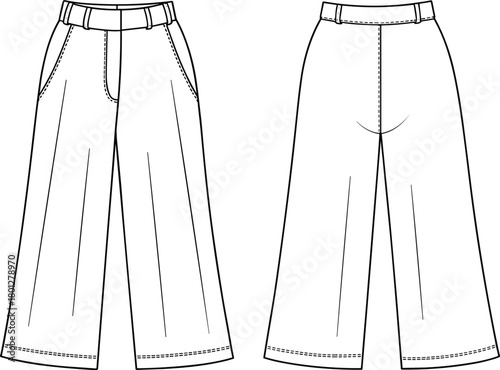 Wide leg pants front and back flat sketch with waistband, side pockets, stitching details, technical clothing design CAD drawing illustration