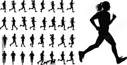 Running silhouette sequence, athletic motion study, dynamic posture evolution, fitness illustration, jogger movement grid, black figure, sports biomechanics concept